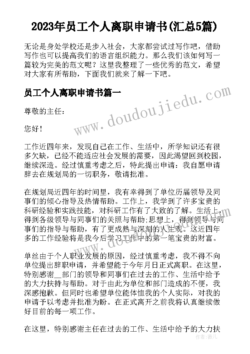 2023年员工个人离职申请书(汇总5篇)