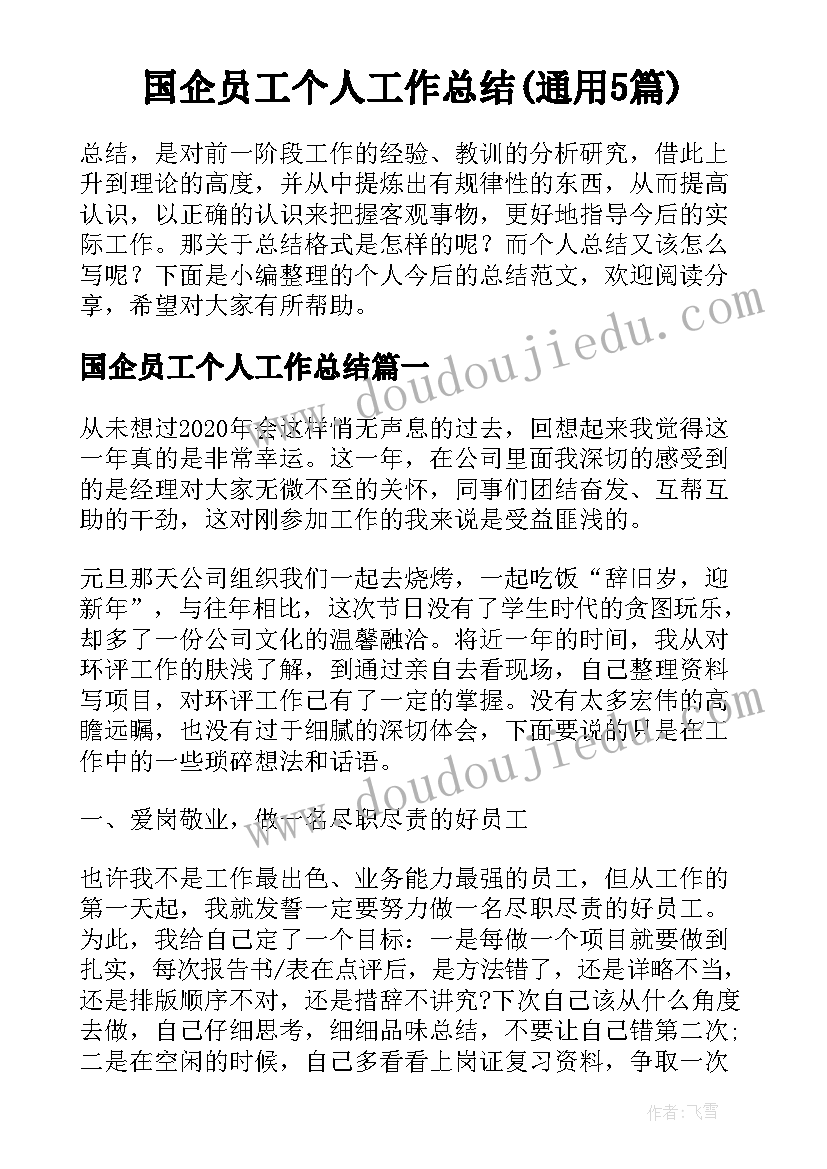 国企员工个人工作总结(通用5篇)