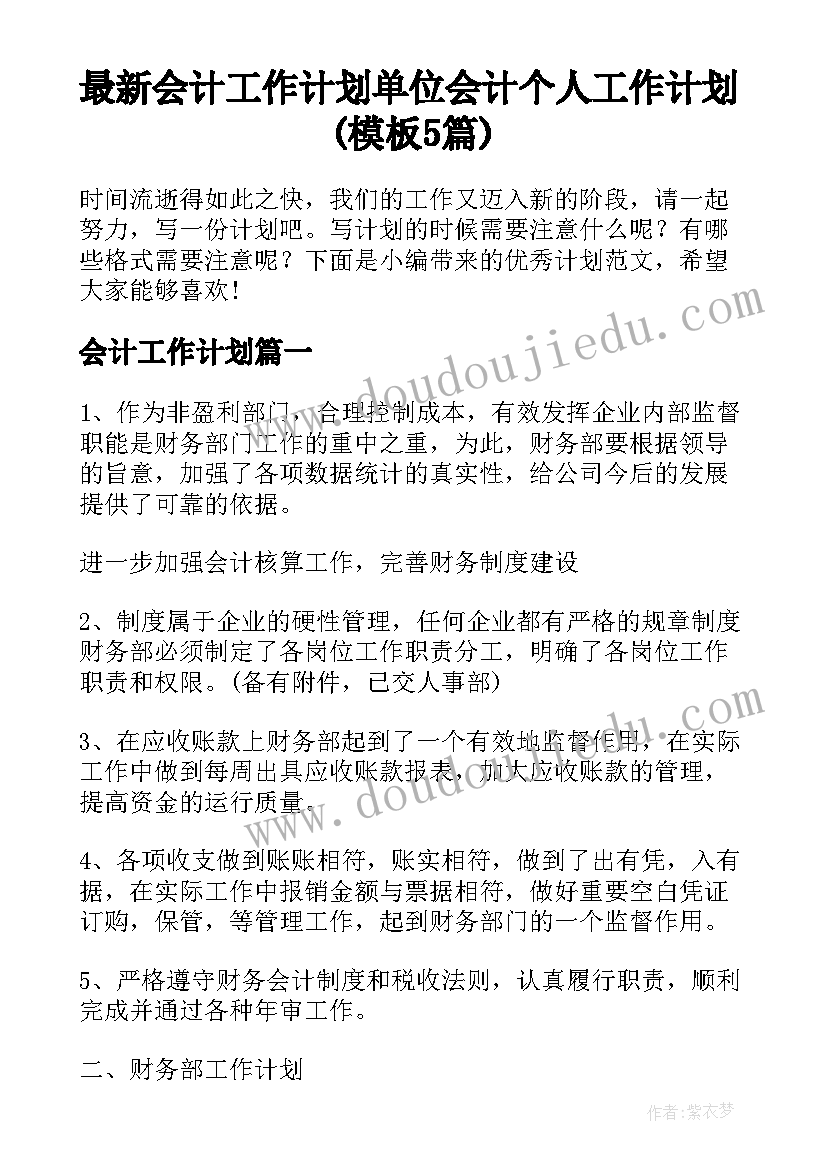 最新会计工作计划 单位会计个人工作计划(模板5篇)