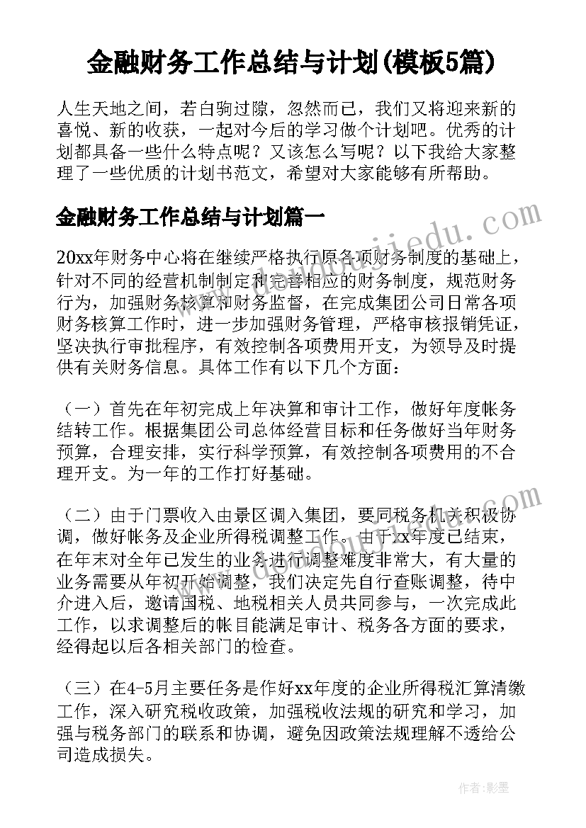 金融财务工作总结与计划(模板5篇)