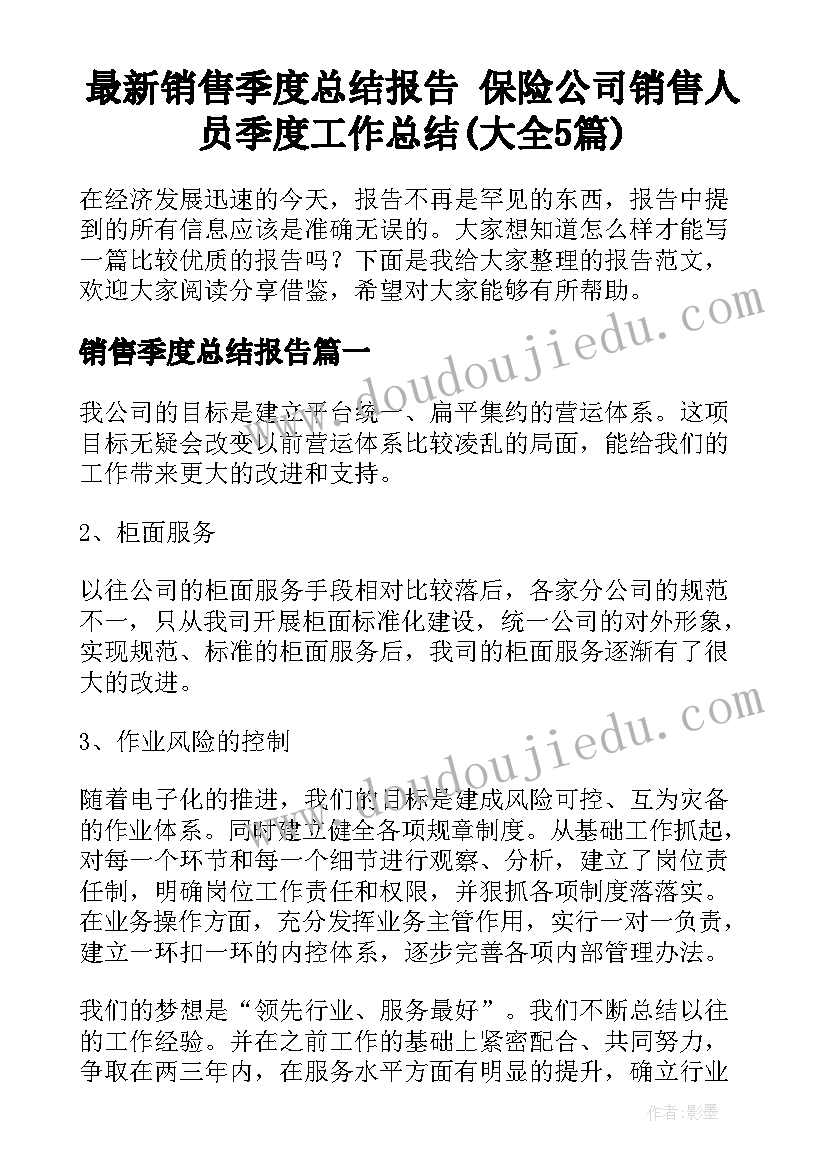 最新销售季度总结报告 保险公司销售人员季度工作总结(大全5篇)