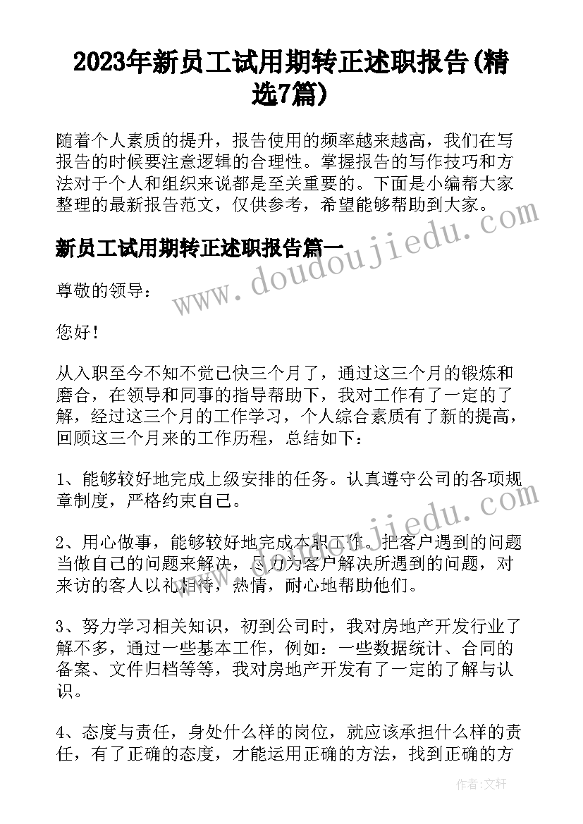 2023年新员工试用期转正述职报告(精选7篇)