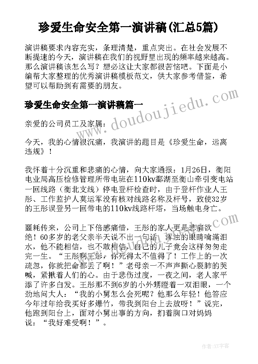 珍爱生命安全第一演讲稿(汇总5篇)