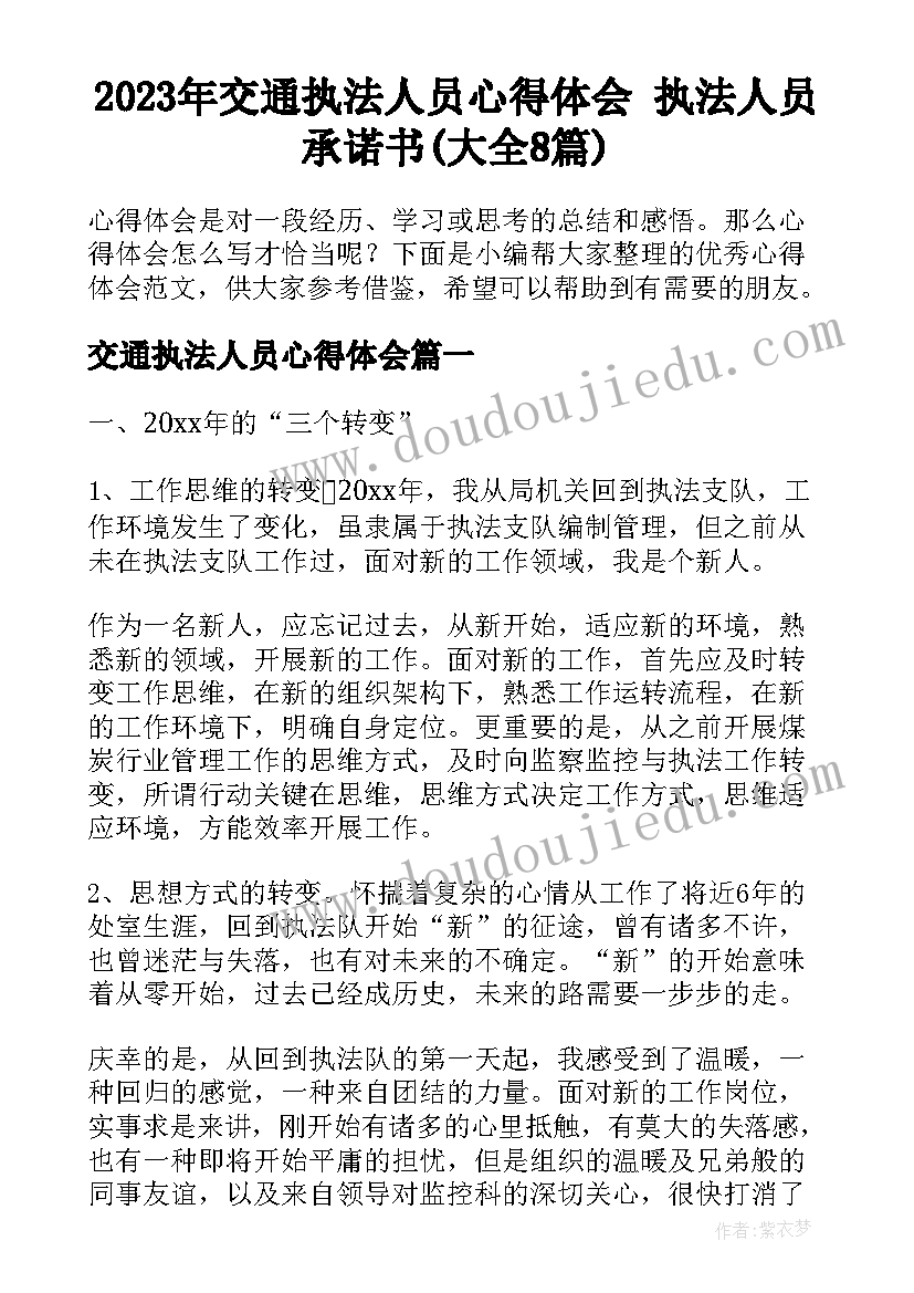 2023年交通执法人员心得体会 执法人员承诺书(大全8篇)