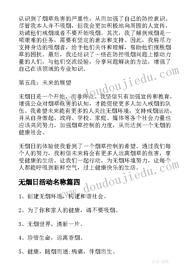 2023年无烟日活动名称 无烟日心得体会(汇总10篇)