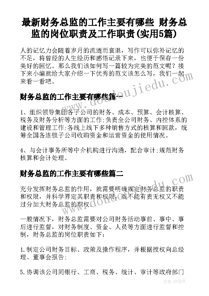 最新财务总监的工作主要有哪些 财务总监的岗位职责及工作职责(实用5篇)