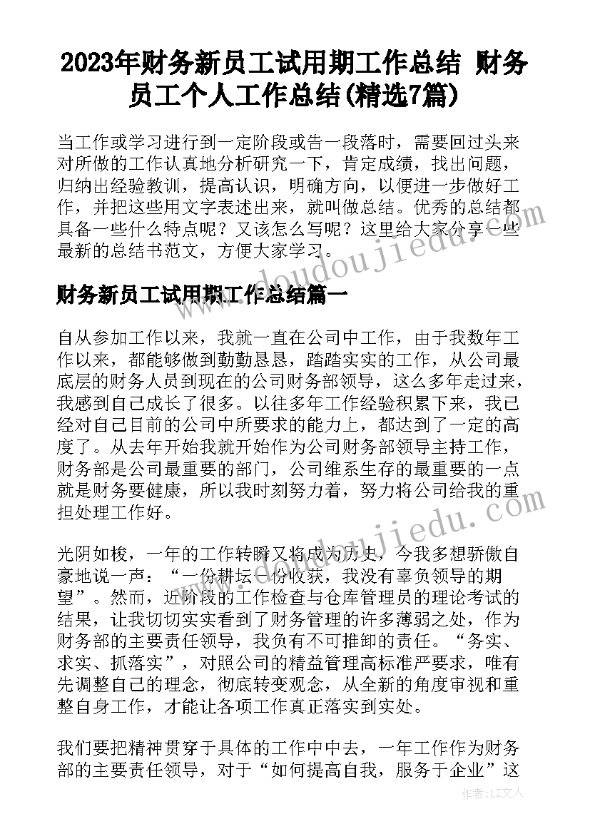 2023年财务新员工试用期工作总结 财务员工个人工作总结(精选7篇)