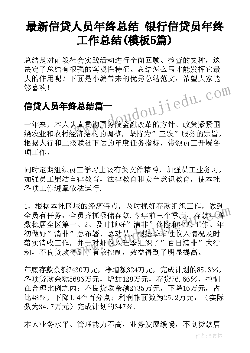 最新信贷人员年终总结 银行信贷员年终工作总结(模板5篇)