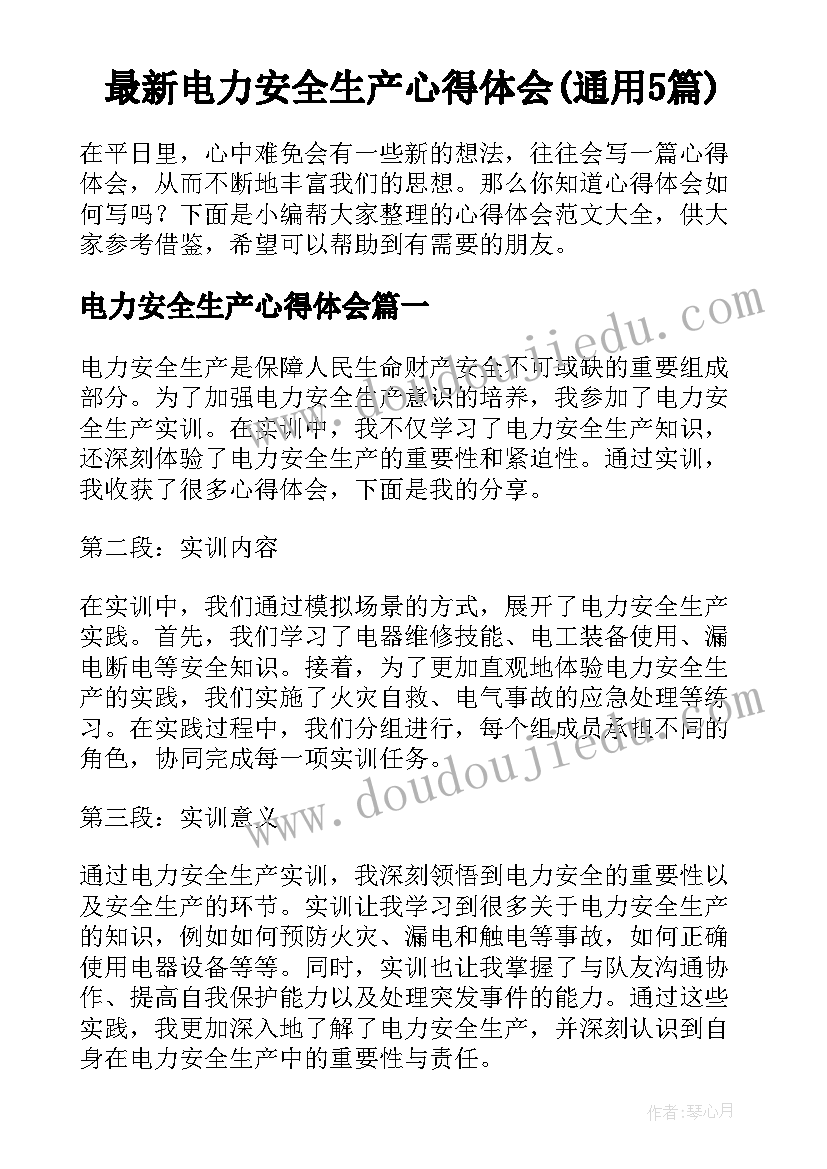 最新电力安全生产心得体会(通用5篇)