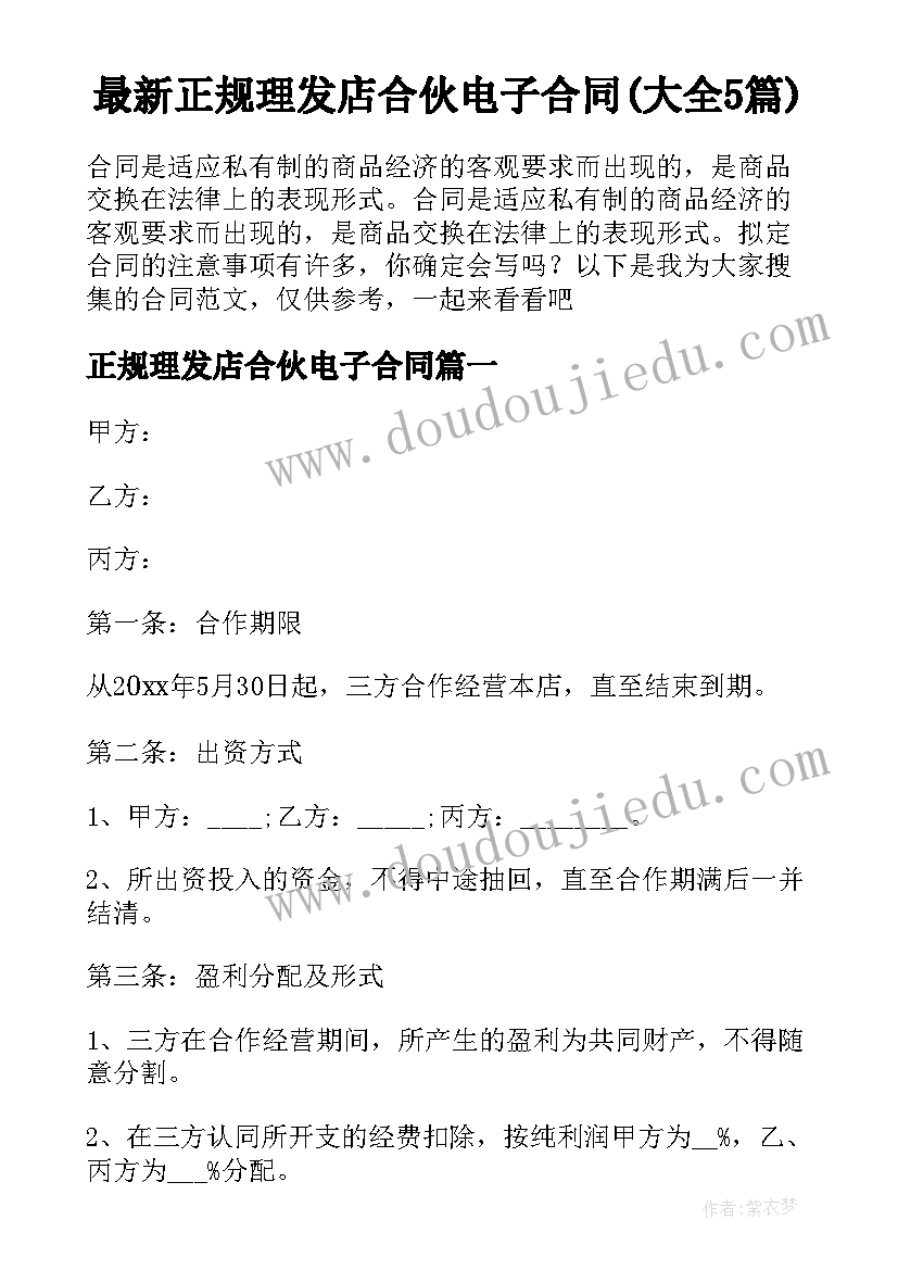 最新正规理发店合伙电子合同(大全5篇)