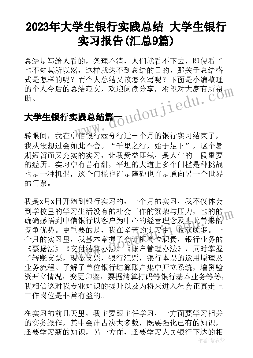 2023年大学生银行实践总结 大学生银行实习报告(汇总9篇)