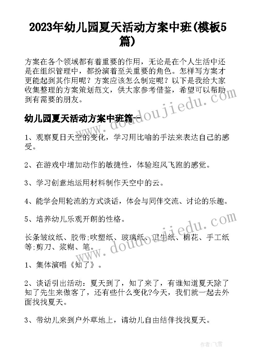 2023年幼儿园夏天活动方案中班(模板5篇)