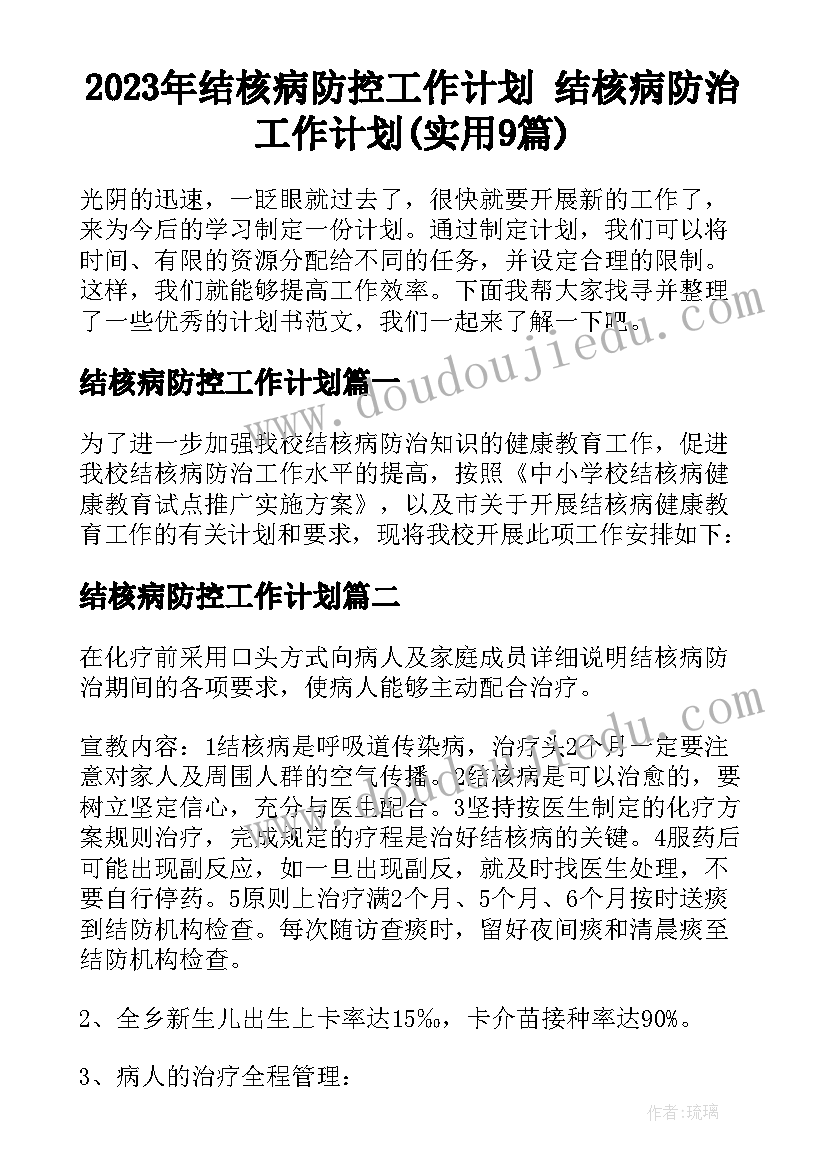 2023年结核病防控工作计划 结核病防治工作计划(实用9篇)