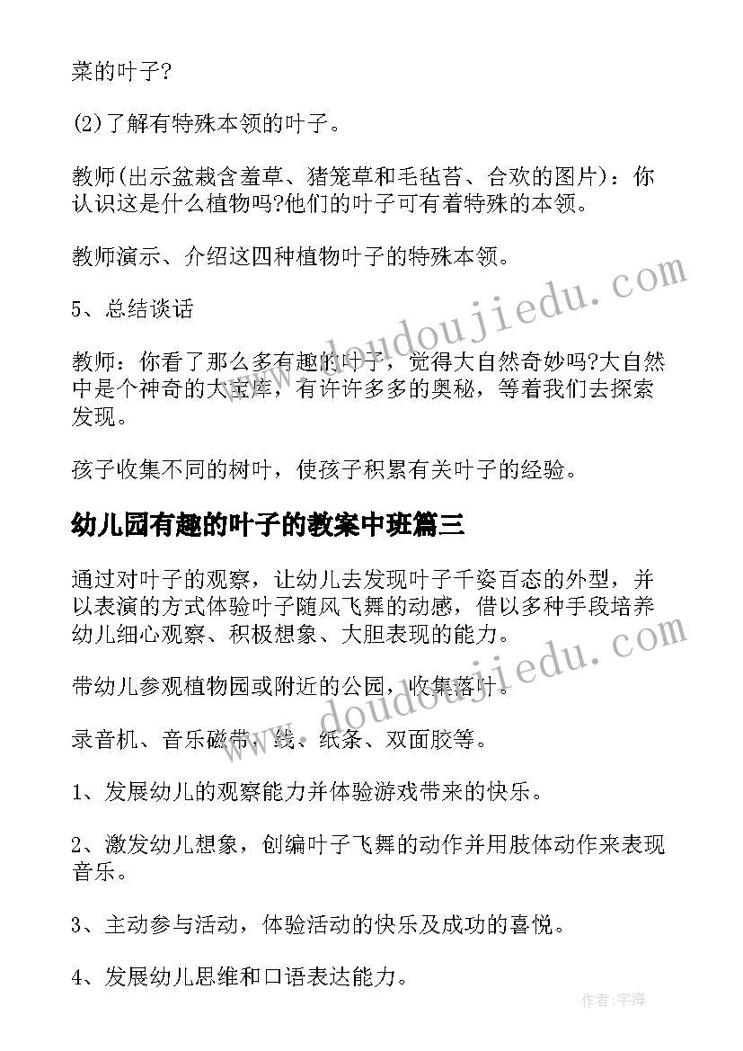 最新幼儿园有趣的叶子的教案中班(实用5篇)