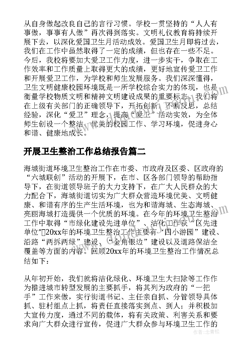 最新开展卫生整治工作总结报告(实用5篇)