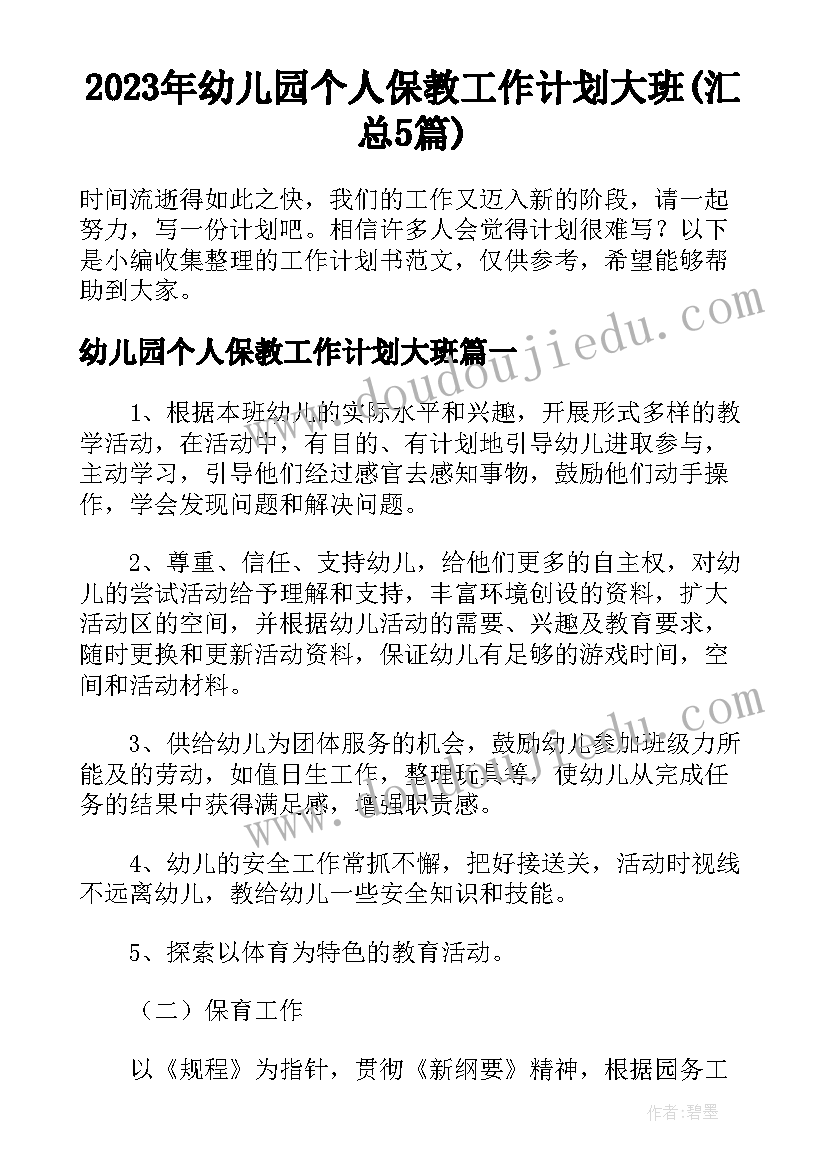 2023年幼儿园个人保教工作计划大班(汇总5篇)