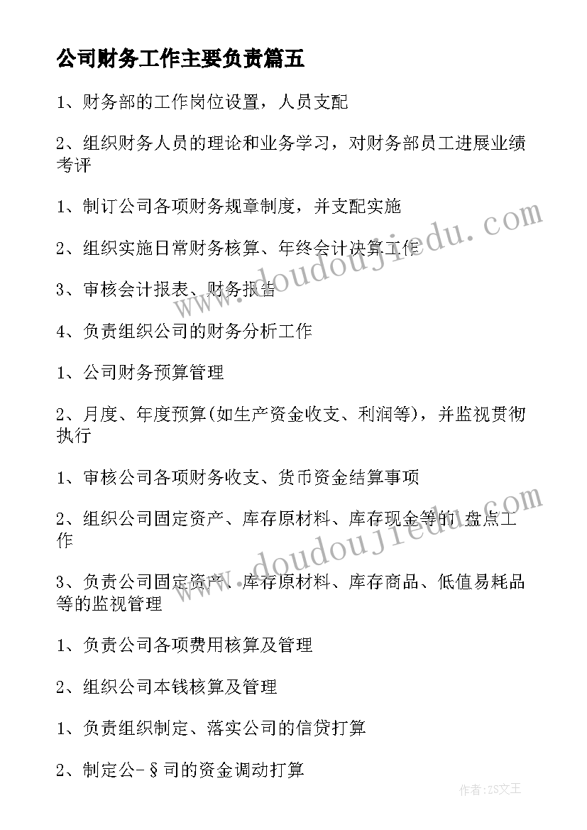 公司财务工作主要负责 公司财务的工作职责(优质5篇)