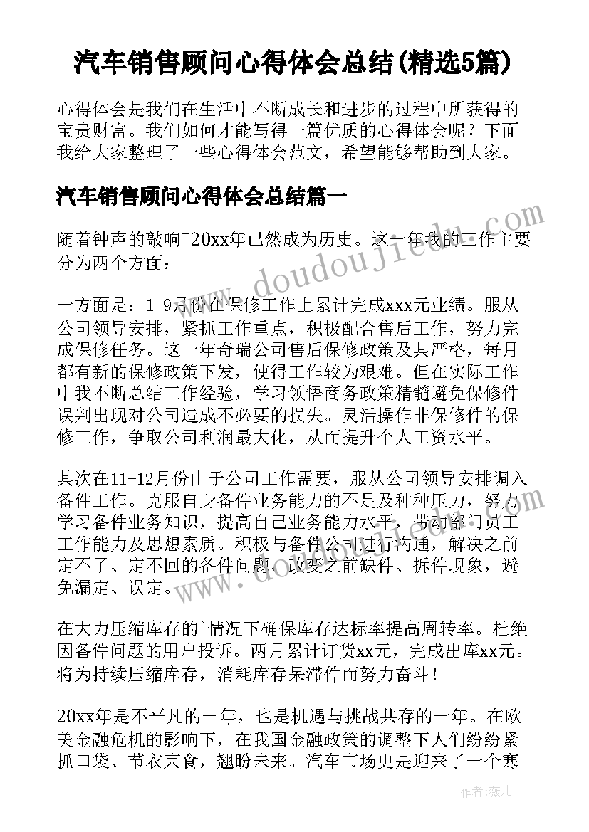 汽车销售顾问心得体会总结(精选5篇)