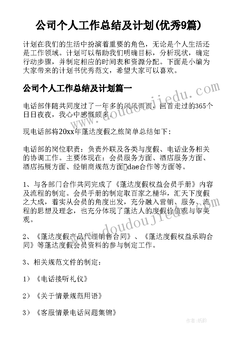 公司个人工作总结及计划(优秀9篇)