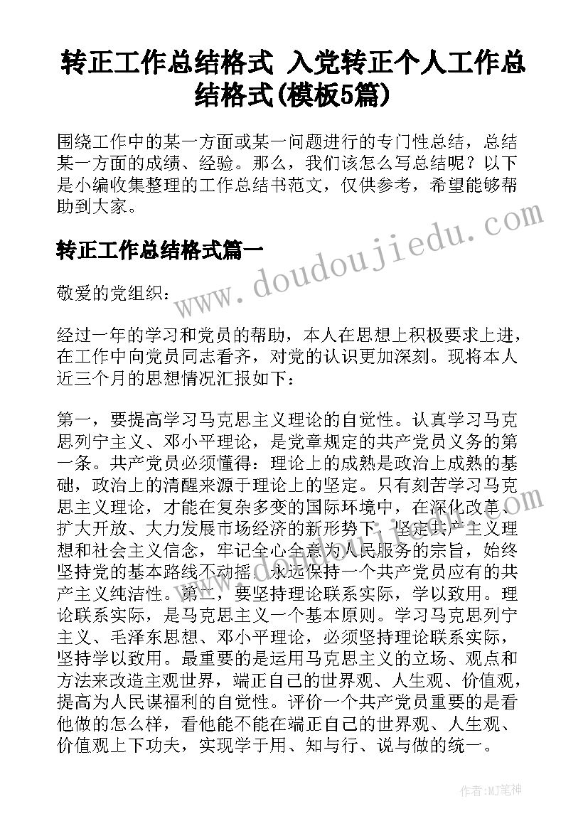 转正工作总结格式 入党转正个人工作总结格式(模板5篇)