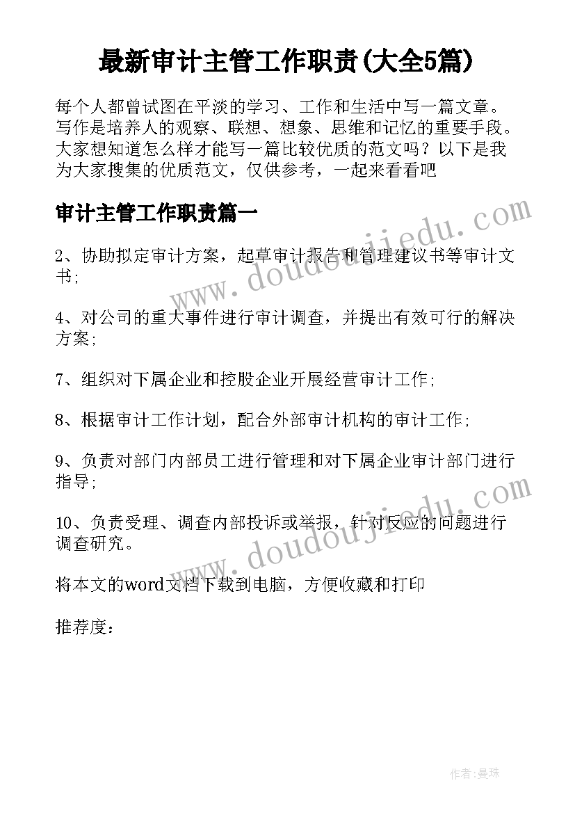 最新审计主管工作职责(大全5篇)