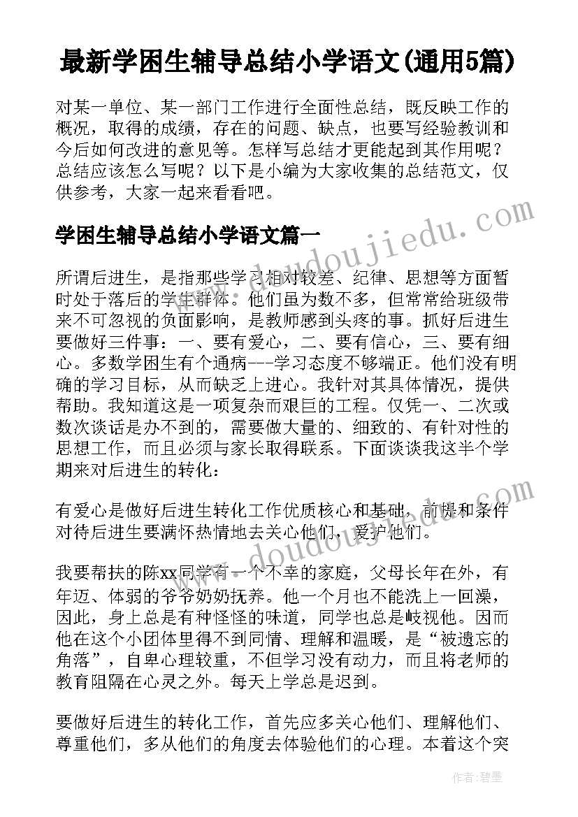 最新学困生辅导总结小学语文(通用5篇)