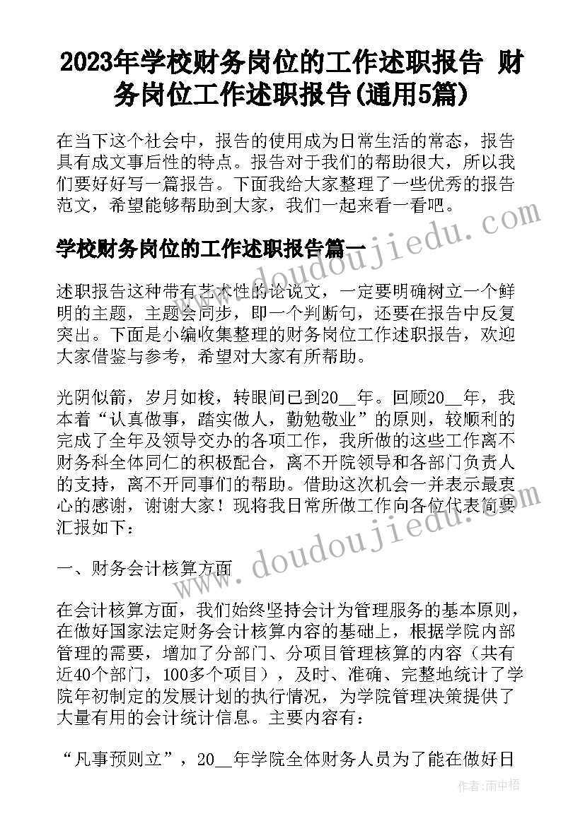 2023年学校财务岗位的工作述职报告 财务岗位工作述职报告(通用5篇)