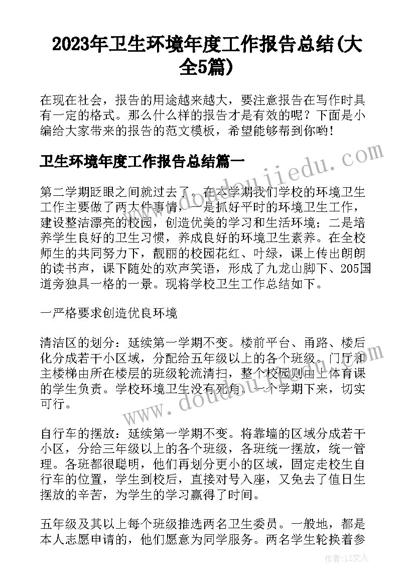 2023年卫生环境年度工作报告总结(大全5篇)