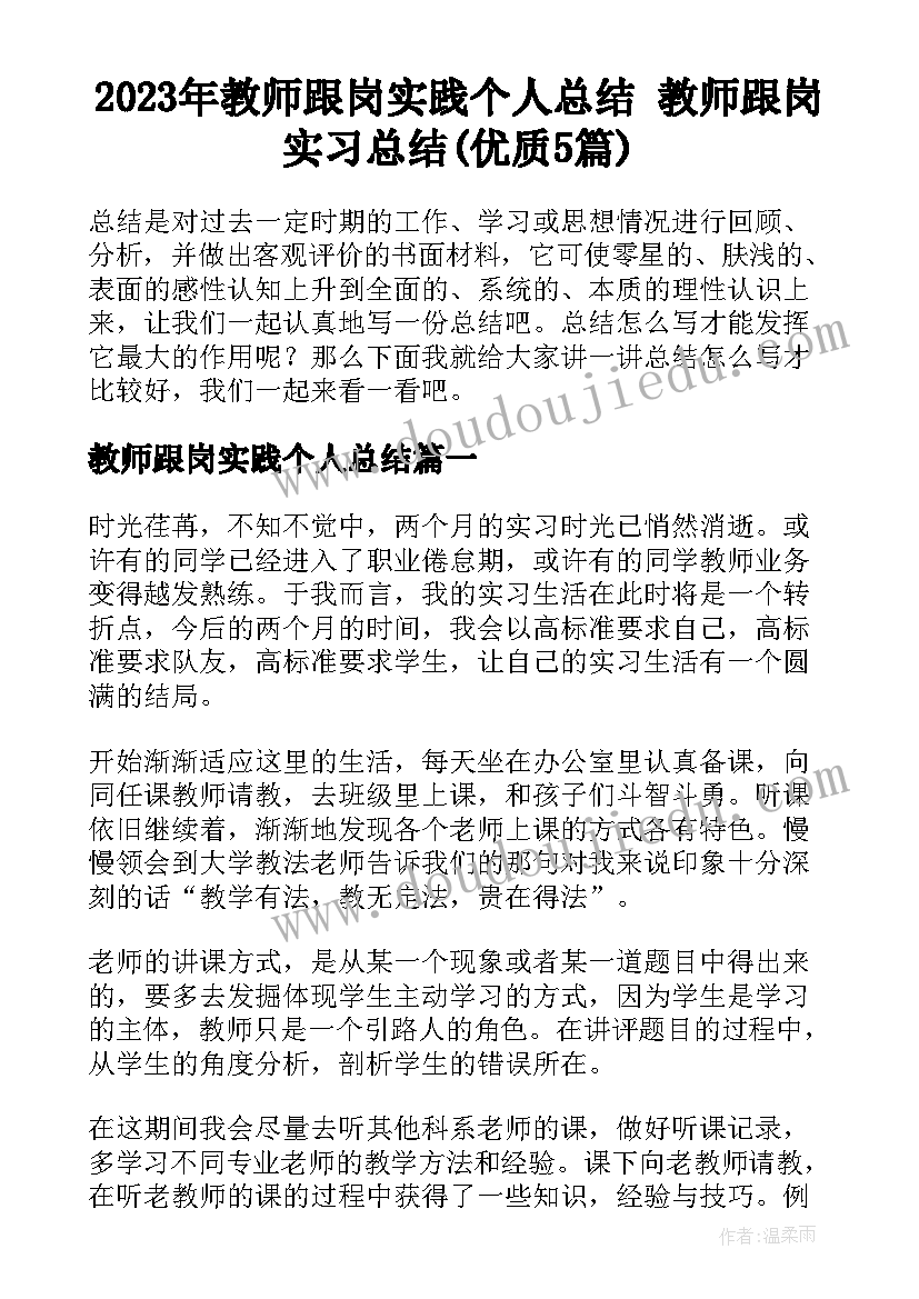 2023年教师跟岗实践个人总结 教师跟岗实习总结(优质5篇)