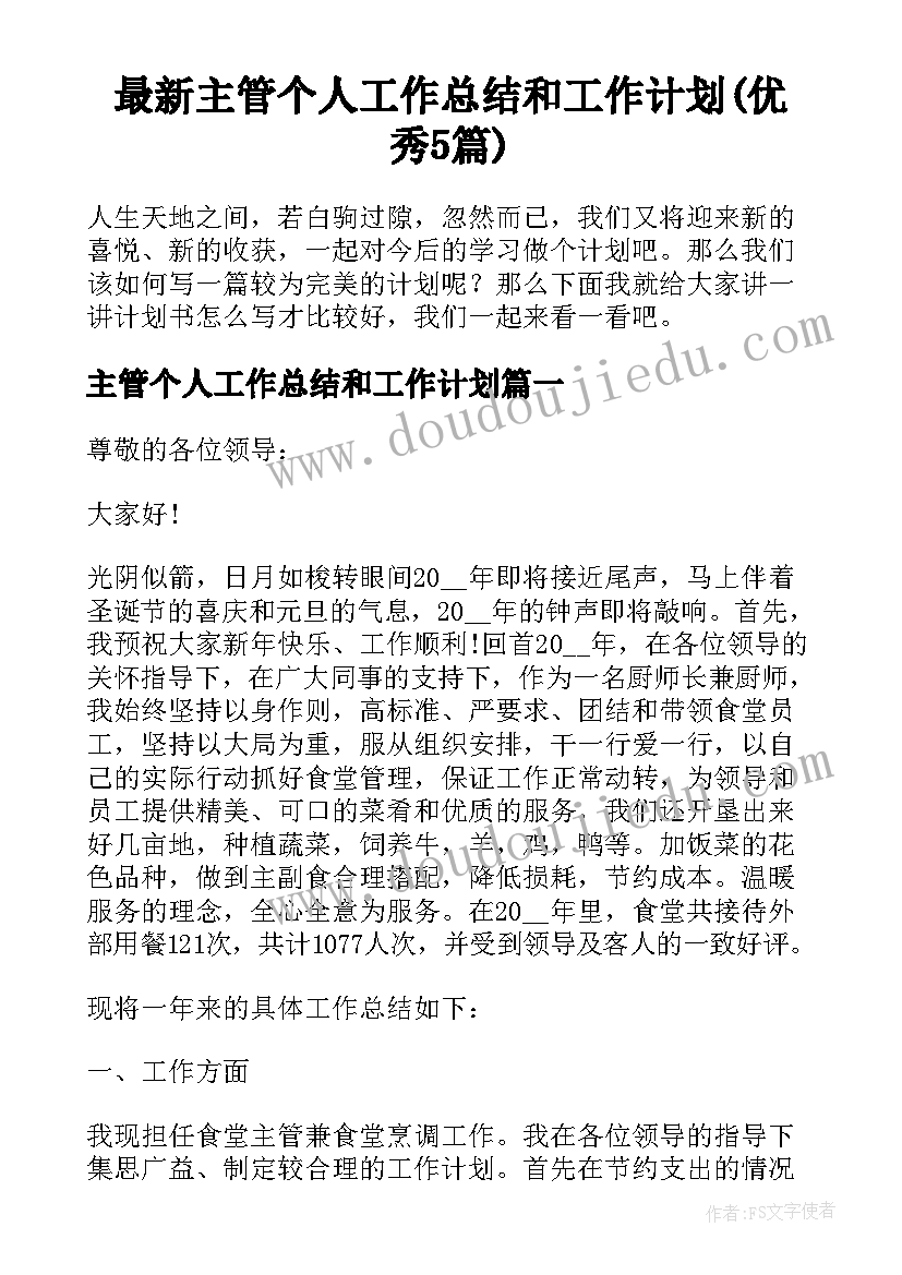 最新主管个人工作总结和工作计划(优秀5篇)