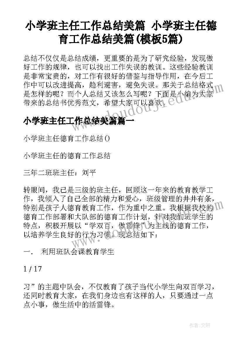 小学班主任工作总结美篇 小学班主任德育工作总结美篇(模板5篇)