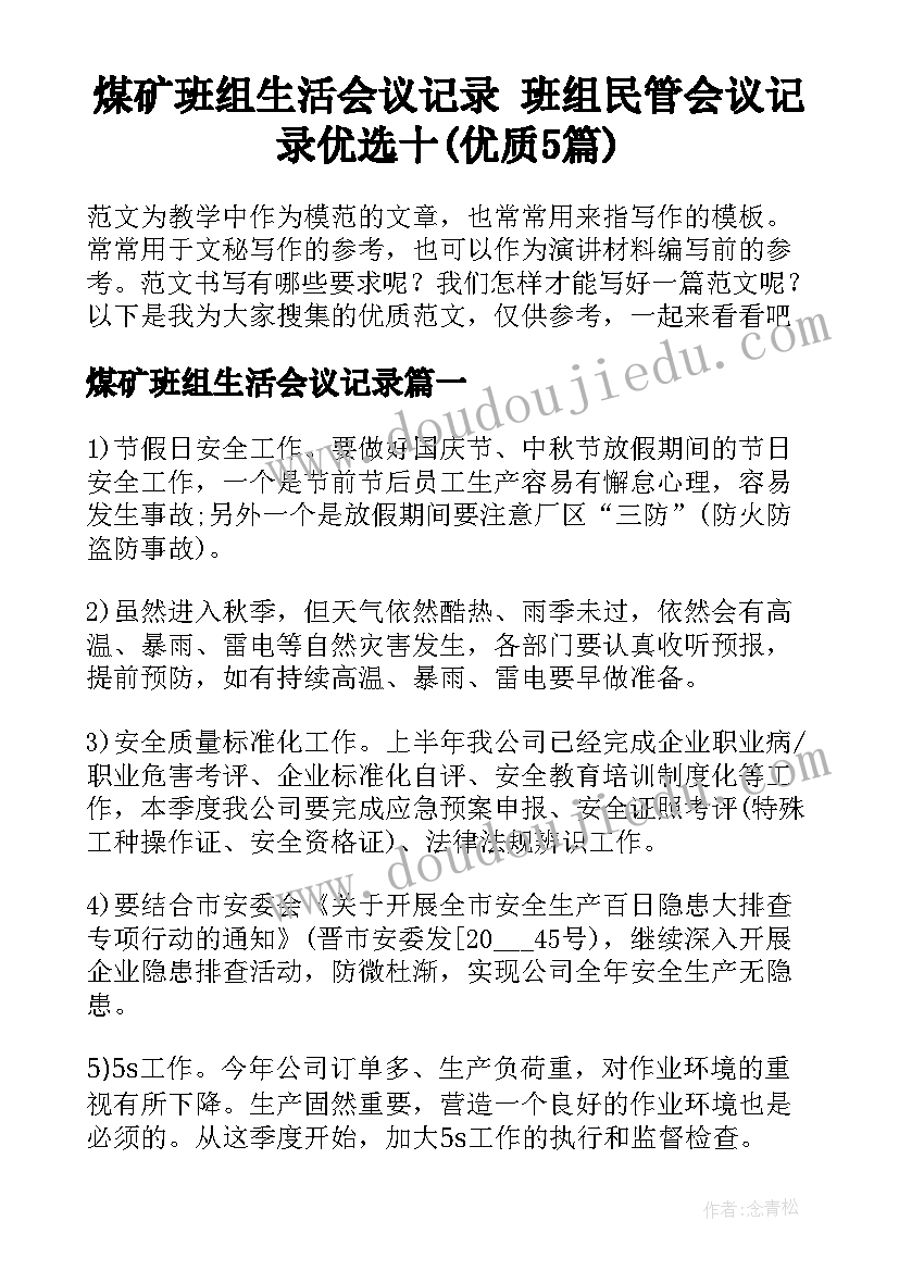 煤矿班组生活会议记录 班组民管会议记录优选十(优质5篇)