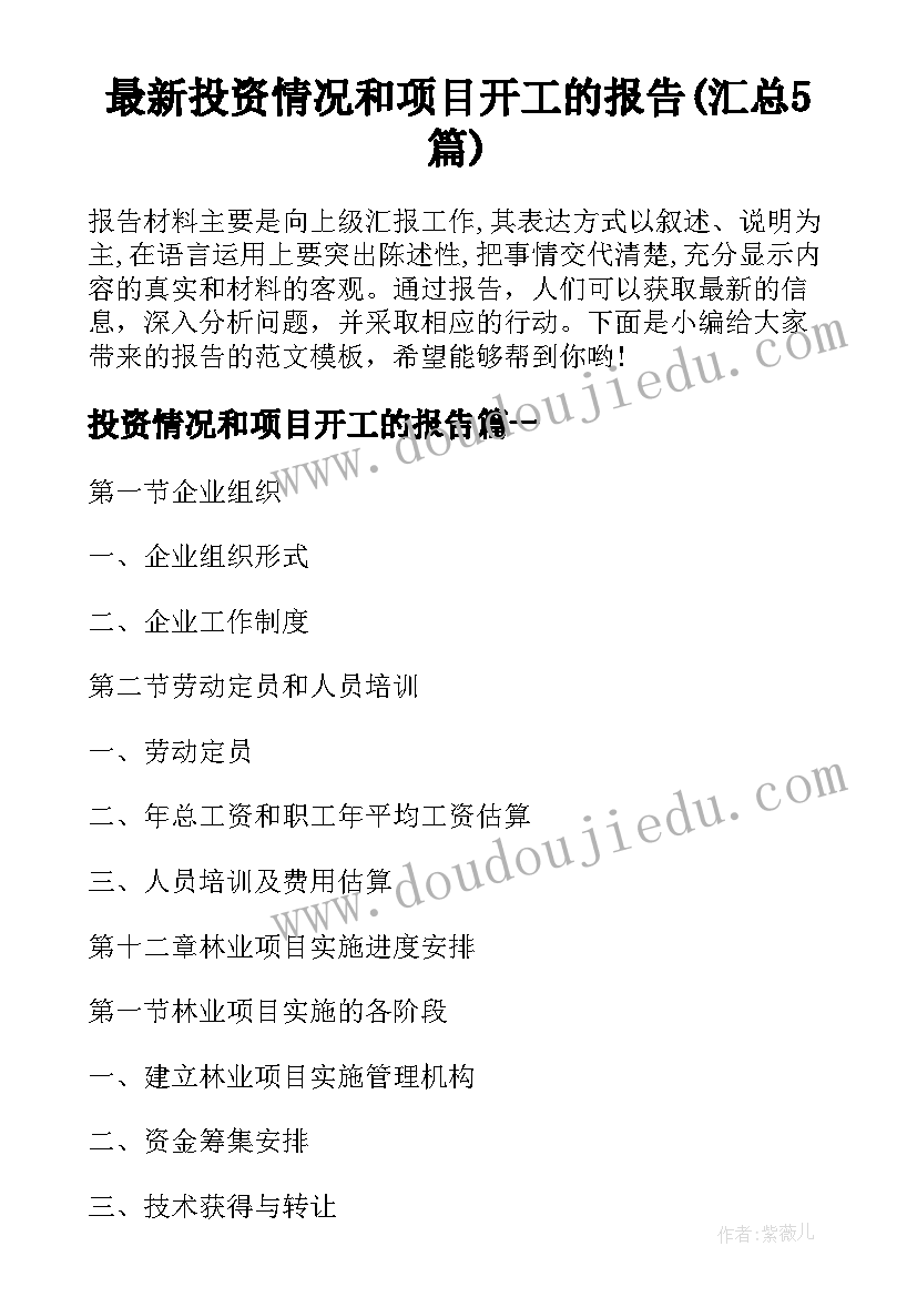 最新投资情况和项目开工的报告(汇总5篇)