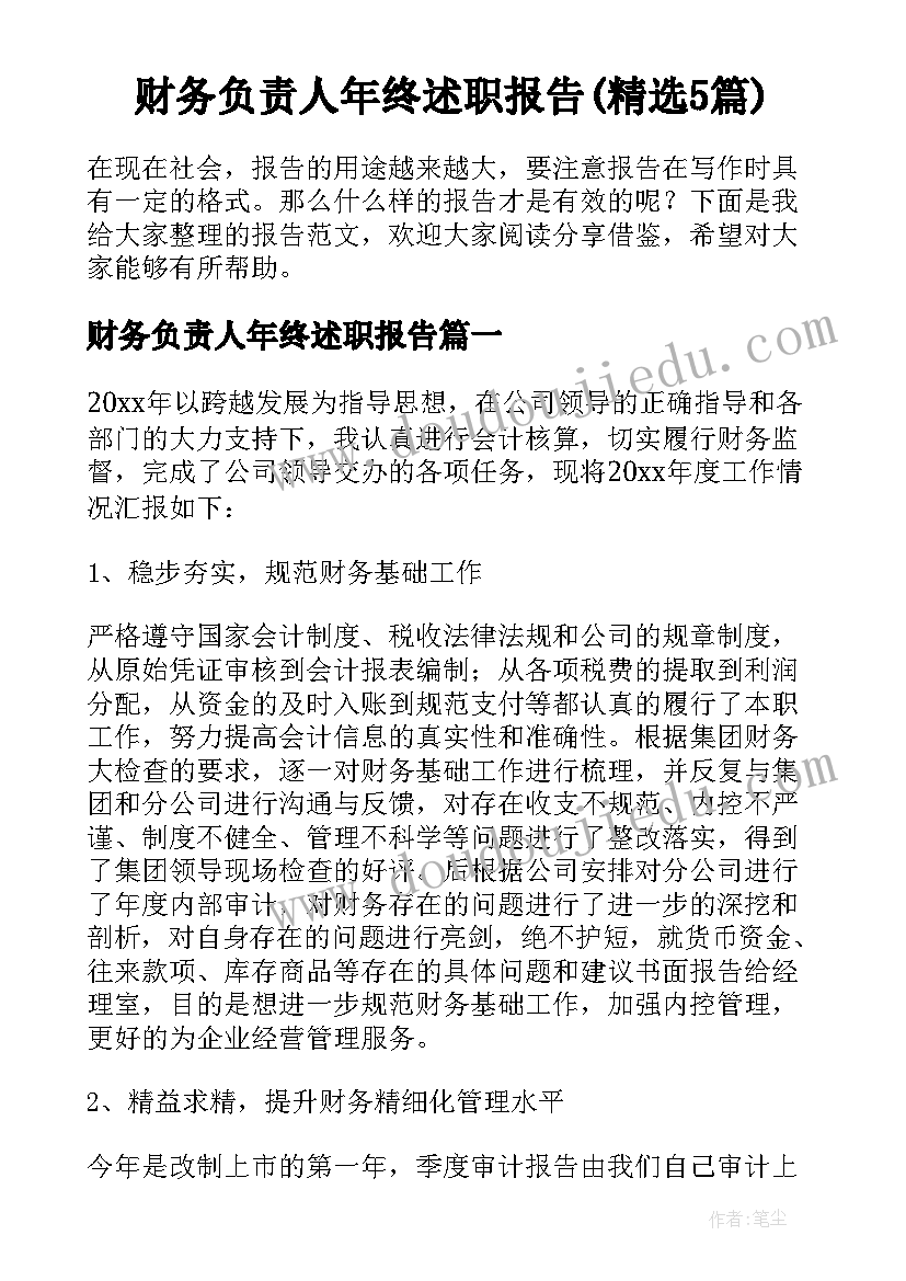 财务负责人年终述职报告(精选5篇)