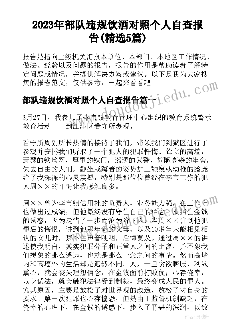 2023年部队违规饮酒对照个人自查报告(精选5篇)