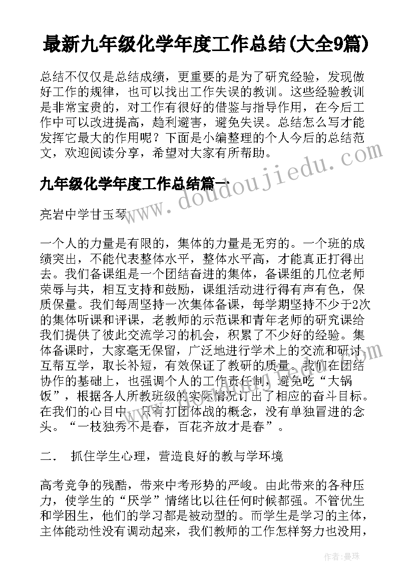 最新九年级化学年度工作总结(大全9篇)