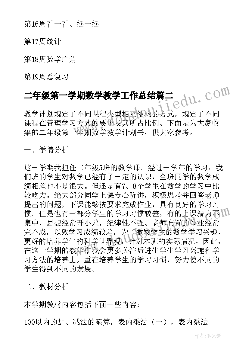 二年级第一学期数学教学工作总结(大全6篇)