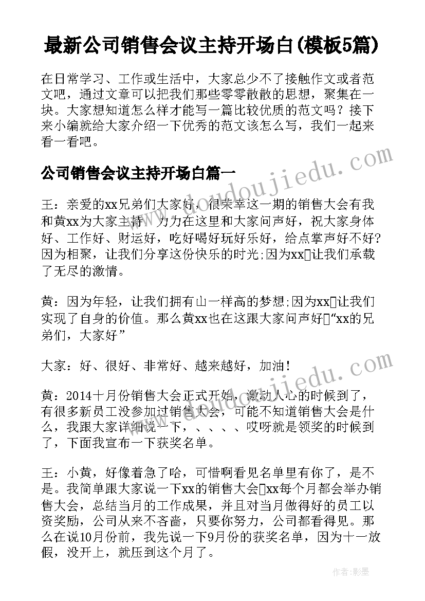 最新公司销售会议主持开场白(模板5篇)