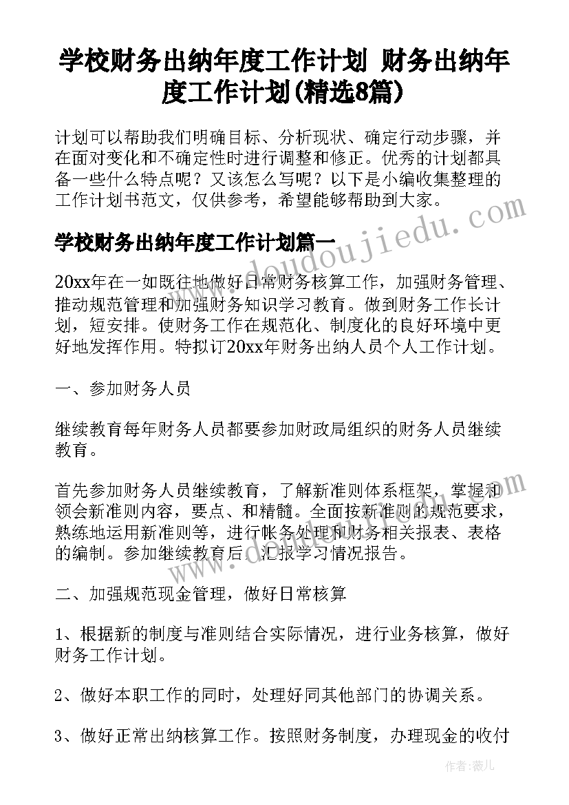 学校财务出纳年度工作计划 财务出纳年度工作计划(精选8篇)