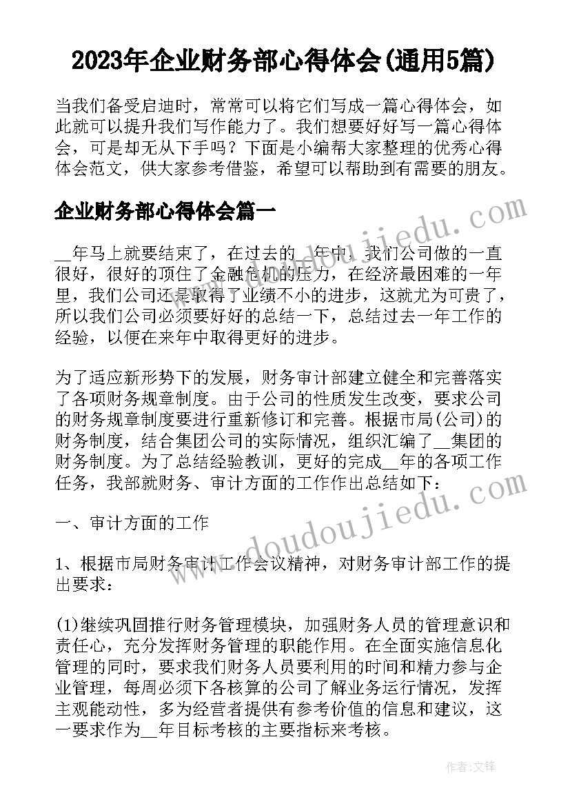 2023年企业财务部心得体会(通用5篇)