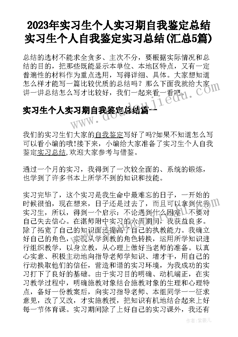 2023年实习生个人实习期自我鉴定总结 实习生个人自我鉴定实习总结(汇总5篇)