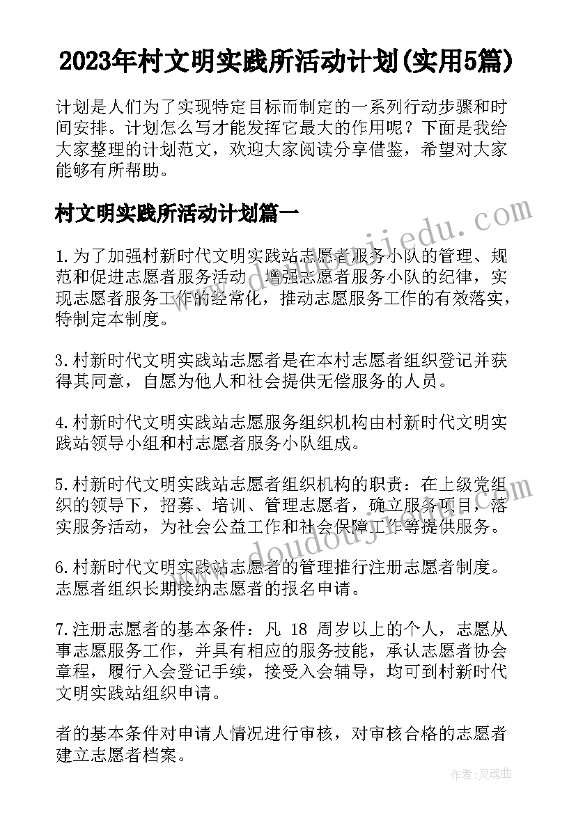 2023年村文明实践所活动计划(实用5篇)