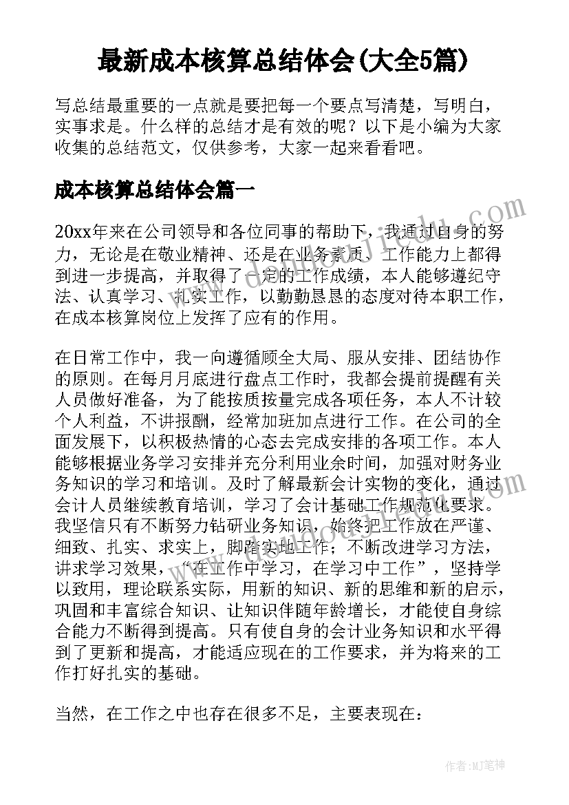 最新成本核算总结体会(大全5篇)