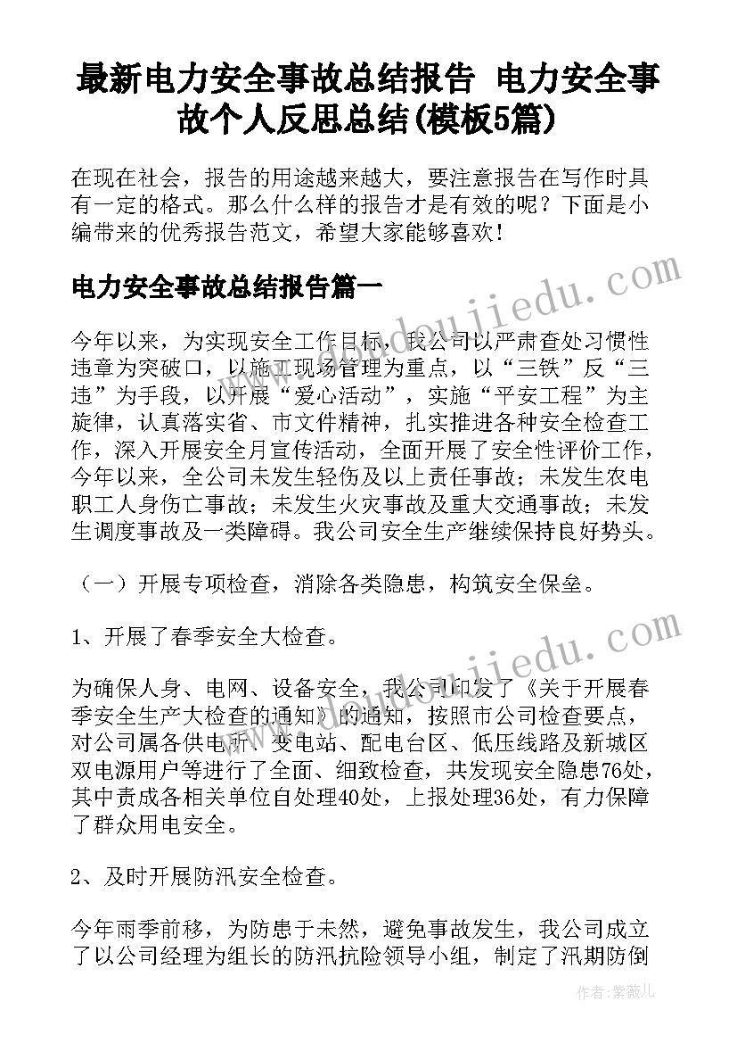 最新电力安全事故总结报告 电力安全事故个人反思总结(模板5篇)