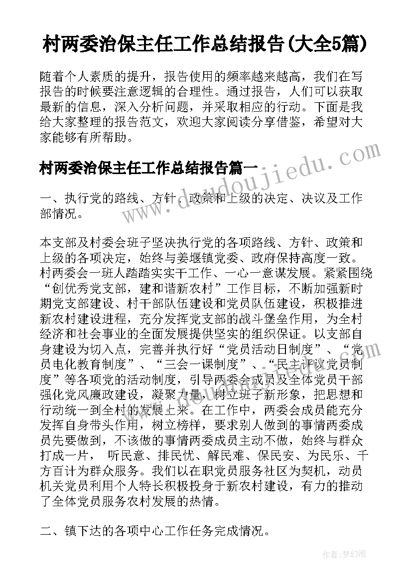 村两委治保主任工作总结报告(大全5篇)