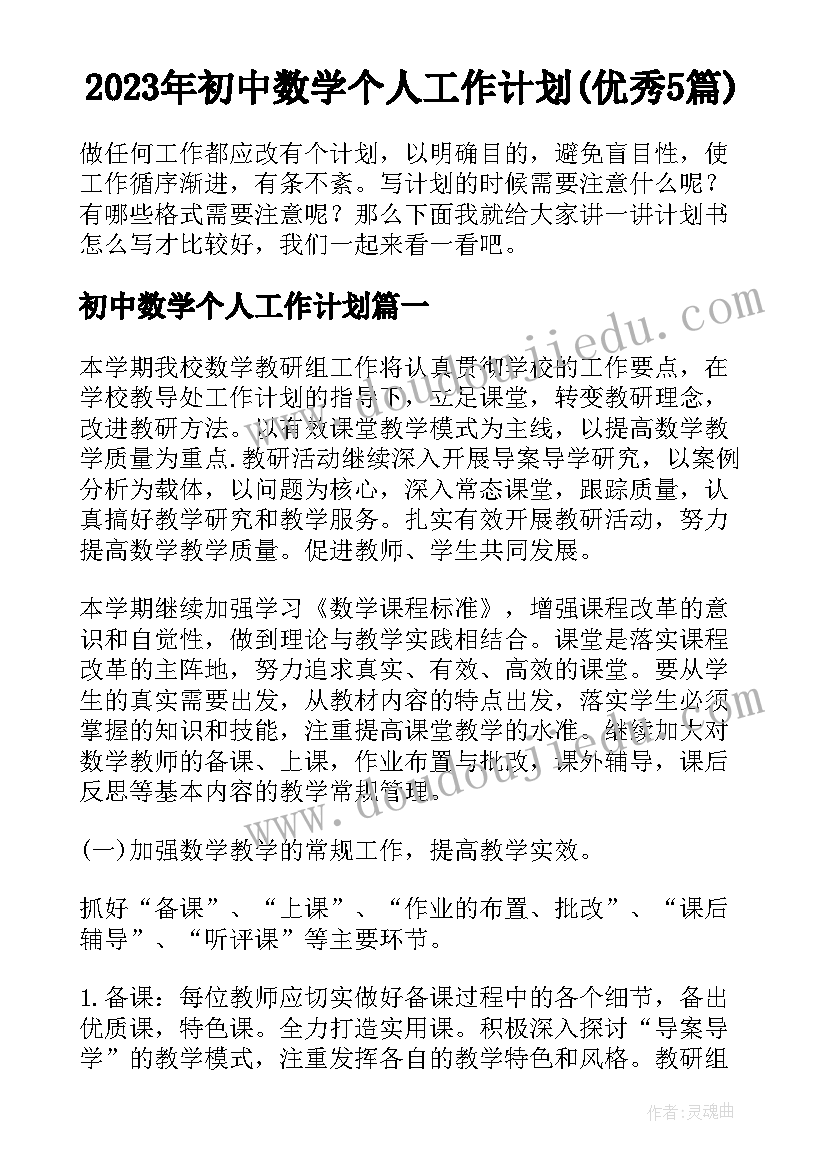 2023年初中数学个人工作计划(优秀5篇)