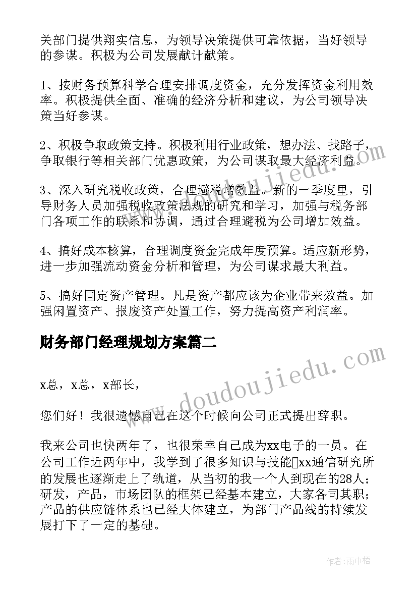 财务部门经理规划方案(通用5篇)