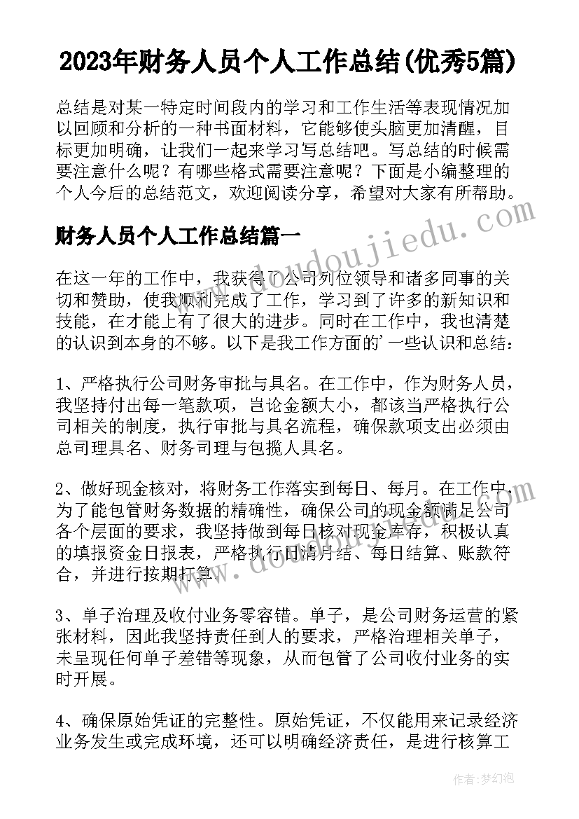 2023年财务人员个人工作总结(优秀5篇)