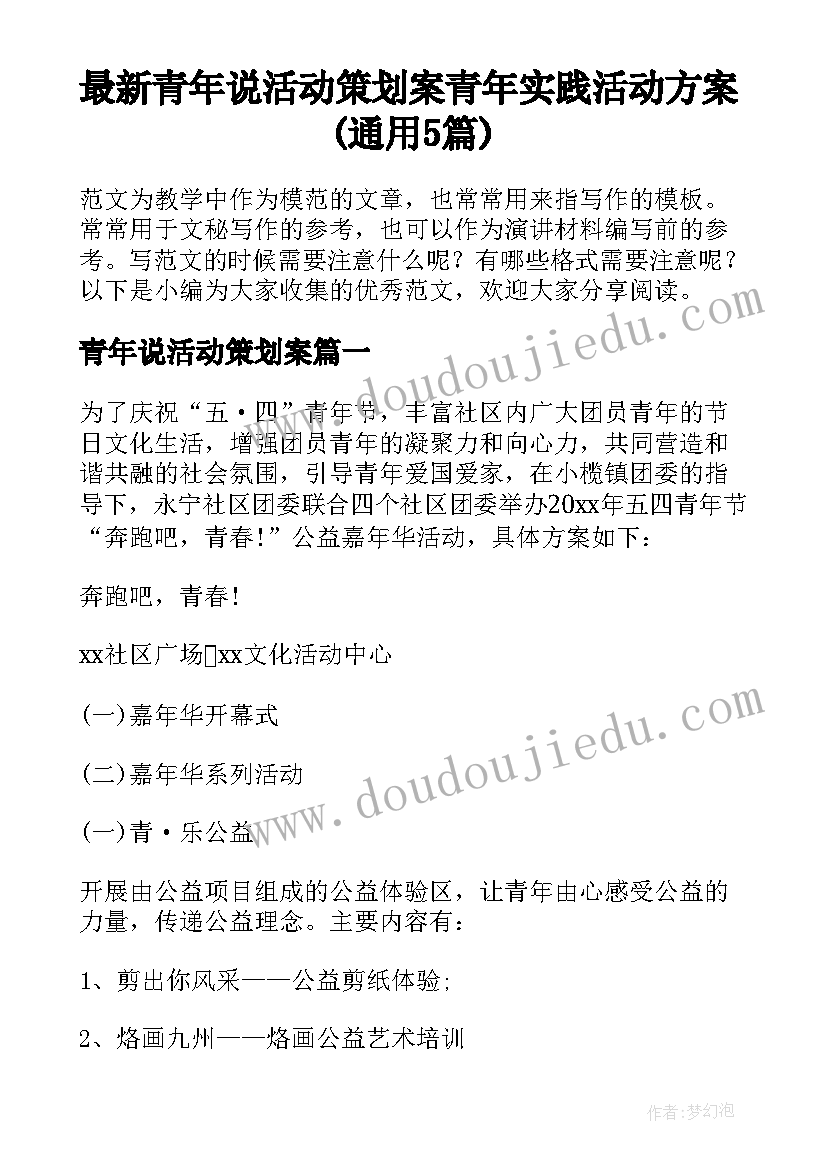 最新青年说活动策划案 青年实践活动方案(通用5篇)