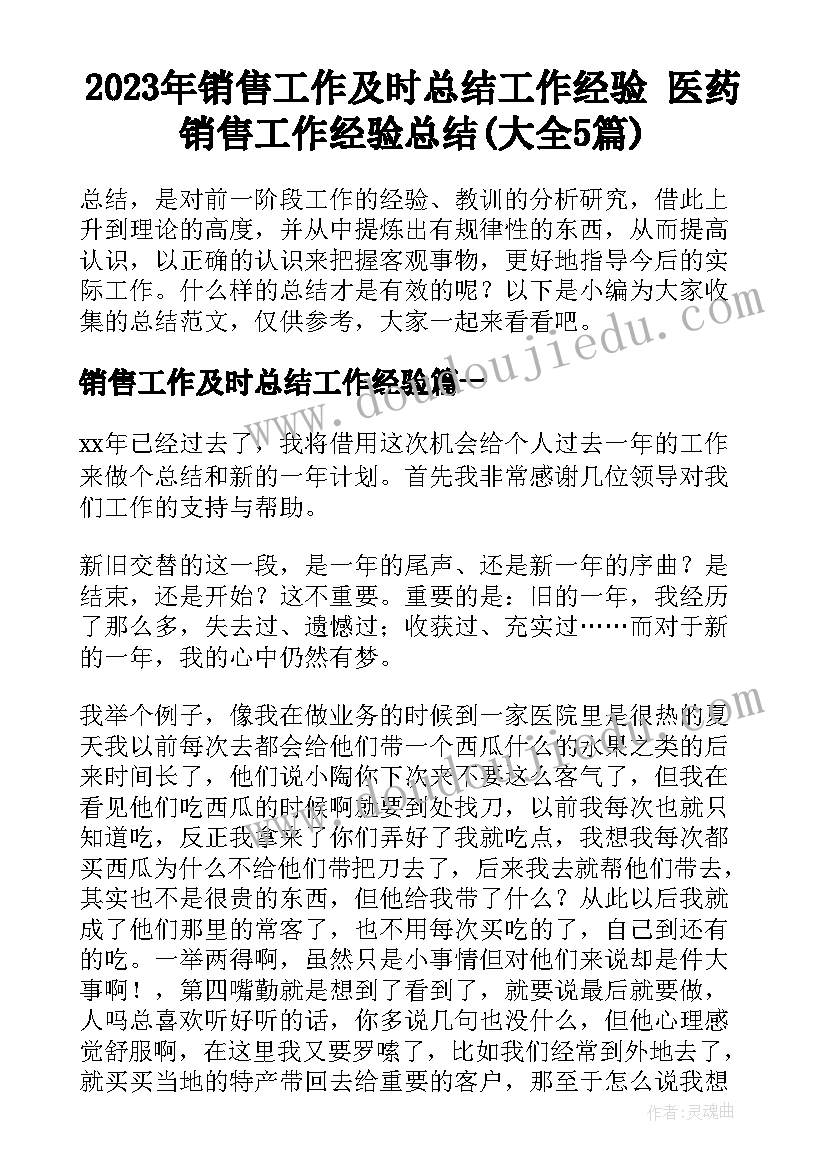 2023年销售工作及时总结工作经验 医药销售工作经验总结(大全5篇)